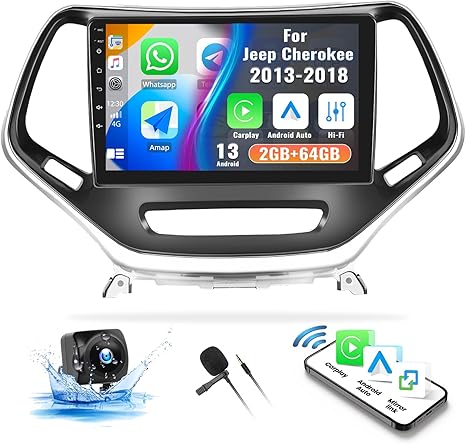 2+64G] Android 13 Auto Radio for Jeep Cherokee 2013-2018 Wireless Apple Carplay&Android Auto GPS Navigation,10.1” Bluetooth Touchscreen Hi-Fi Audio/WiFi/Mirror Link/SWC/Dual USB+Backup Camera&Mic